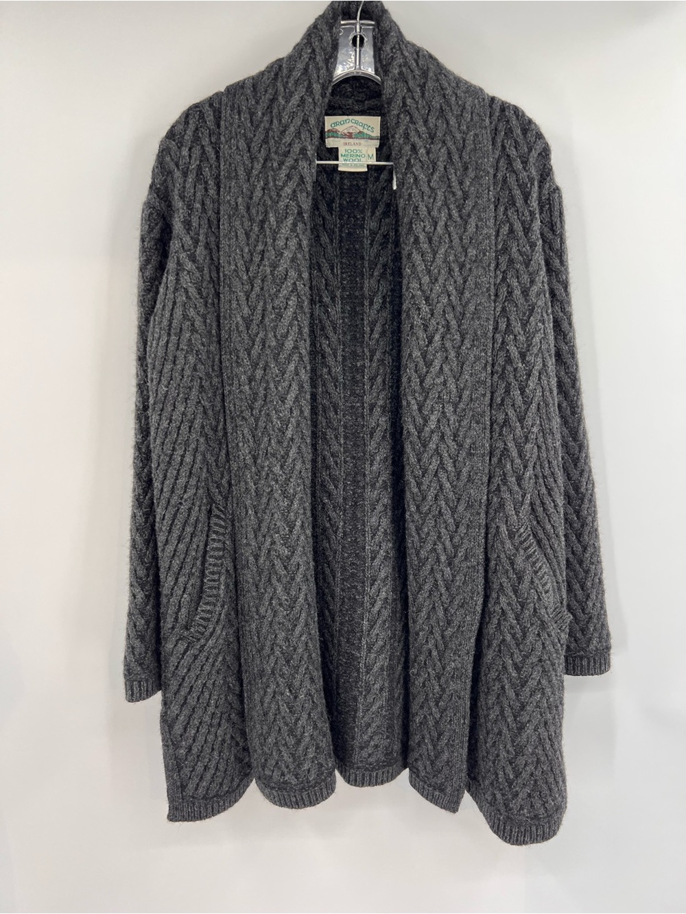 Aran Crafts open front cardigan shawl collar 100% wool grey M